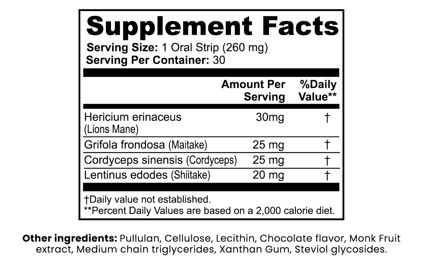Supplement facts label with ingredients listed on a white background