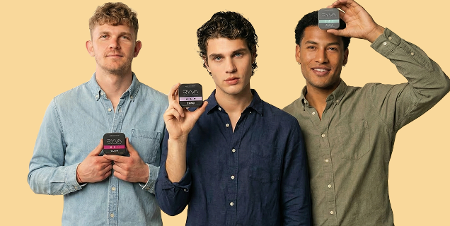 Three men holding smartphones with a brand logo on a beige background