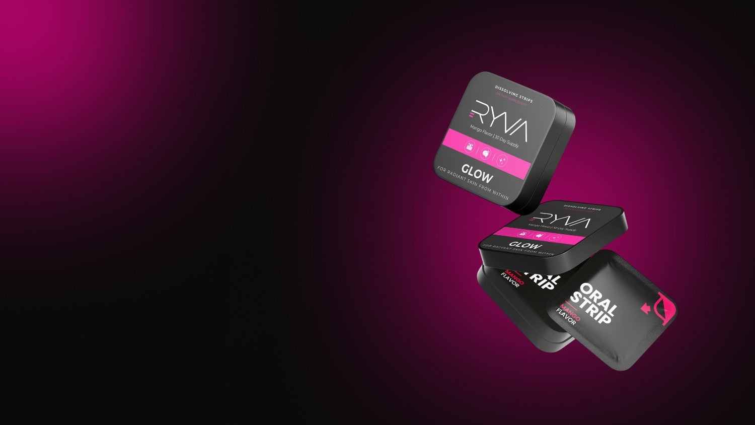 Three RYVA Glow Oral Strip packages on a purple gradient background