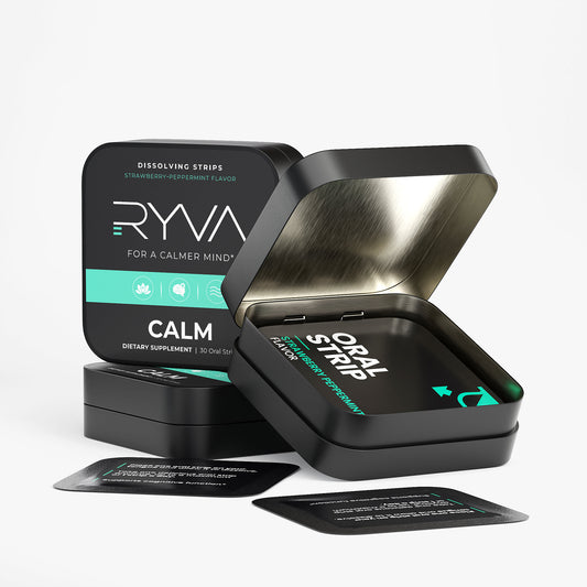 Black tin with Ryva Calm oral strip packaging on a white background