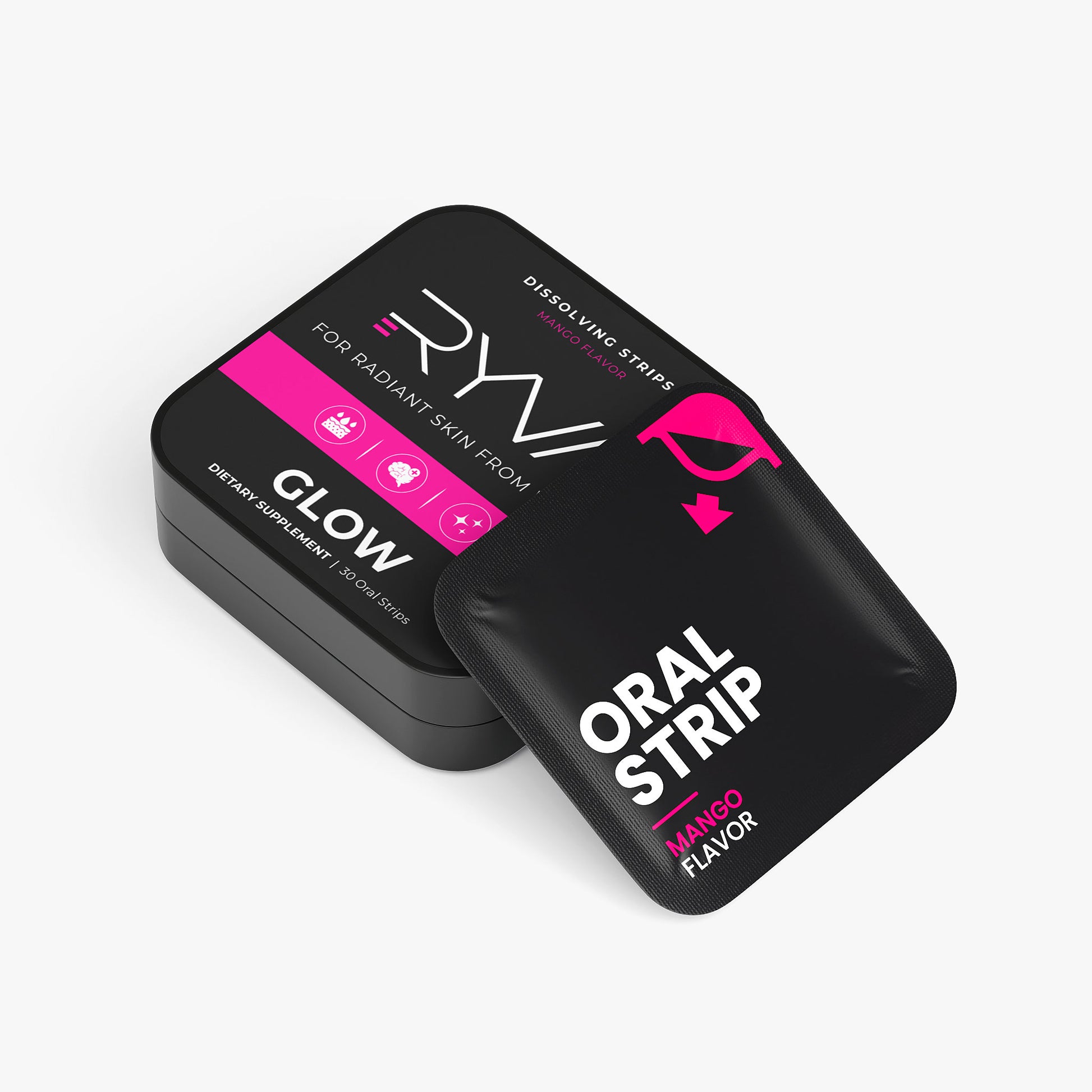 Black packaging of oral strips with pink and white text on a white background