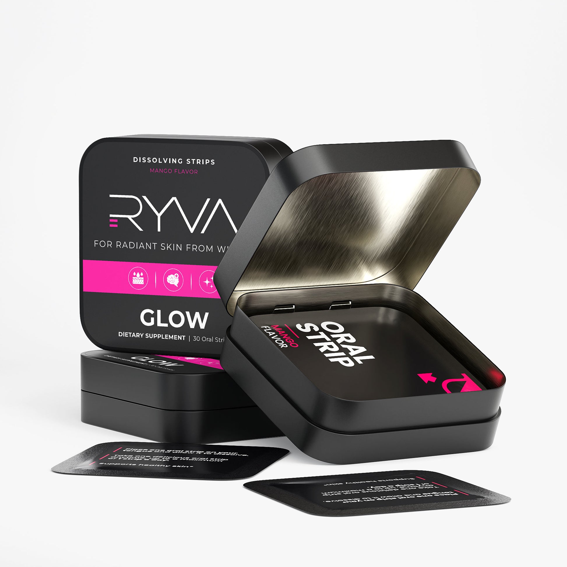 RYVA Glow oral strip packaging with black and pink design on a white background