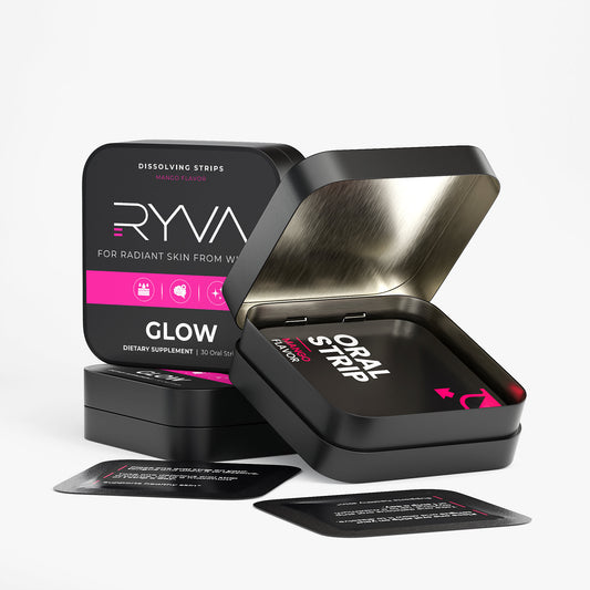 RYVA Glow oral strip packaging with black and pink design on a white background