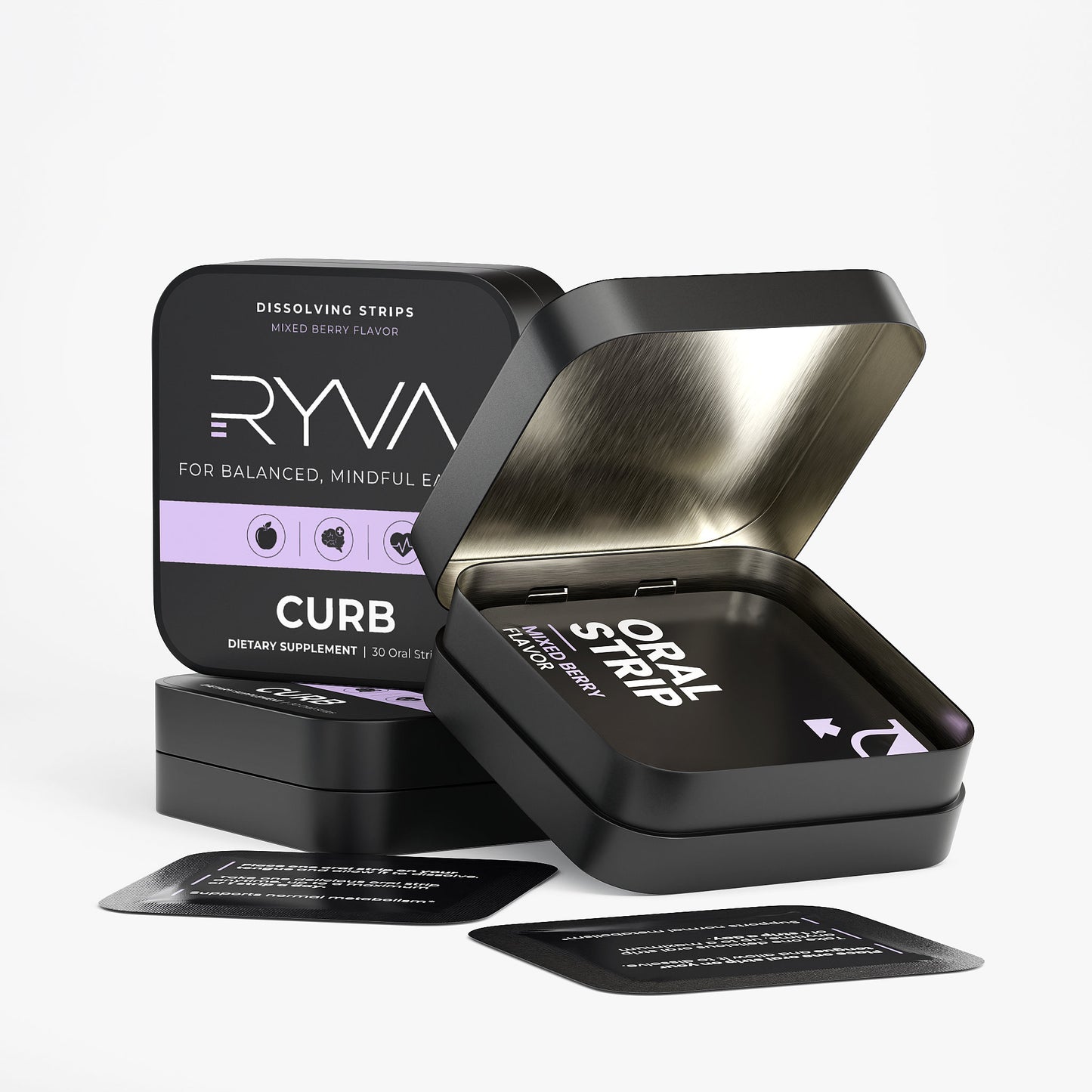 Black container with oral strips and Ryva packaging on a white background