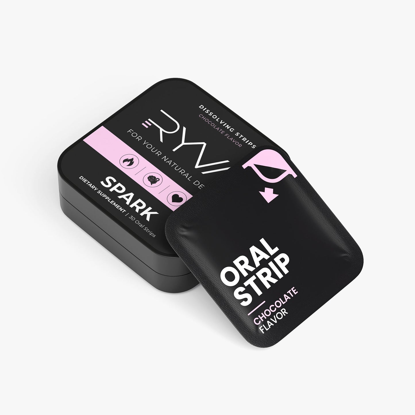 Two black boxes of RYIV oral strips on a white background