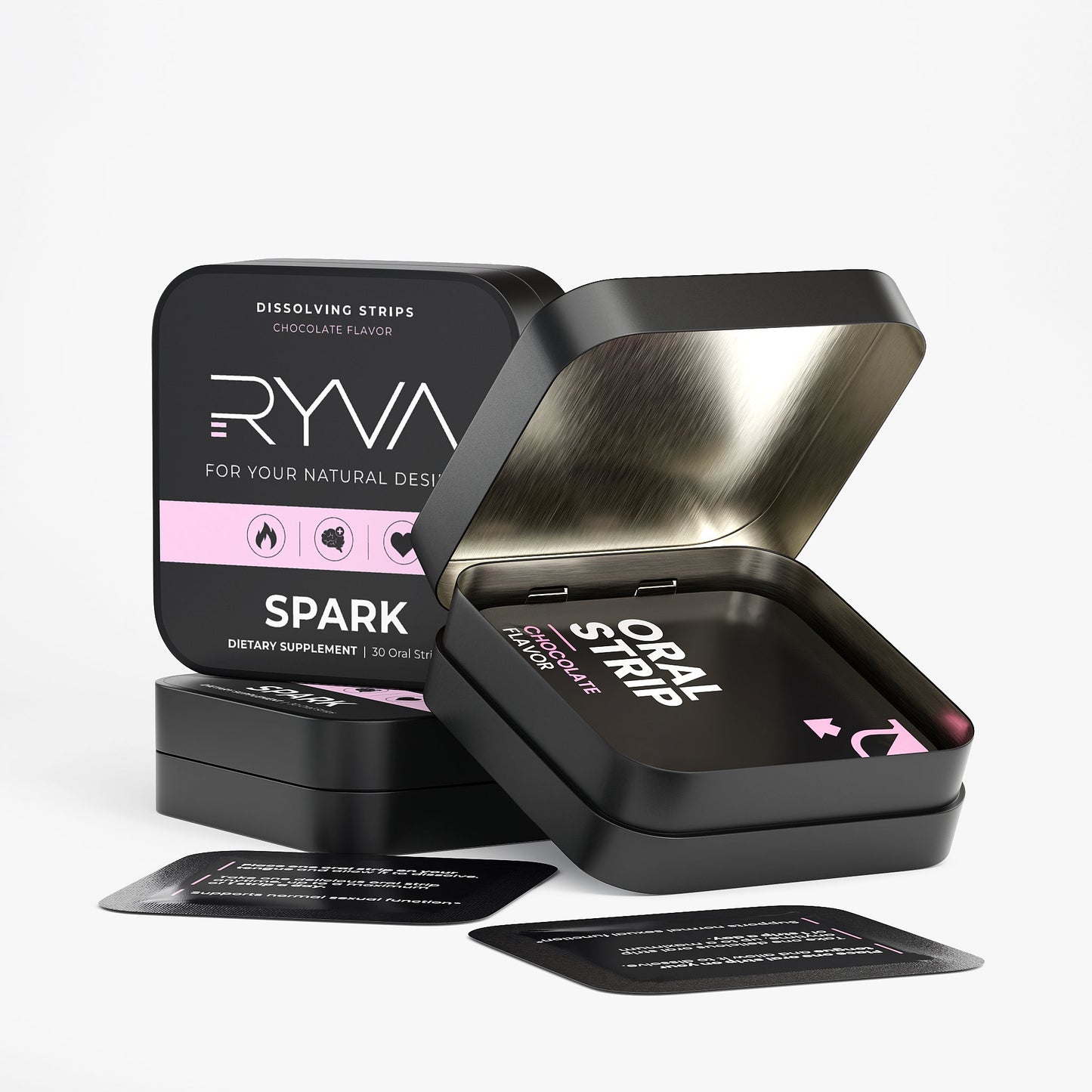 Black container with 'RYVA' branding and oral strips on a white background