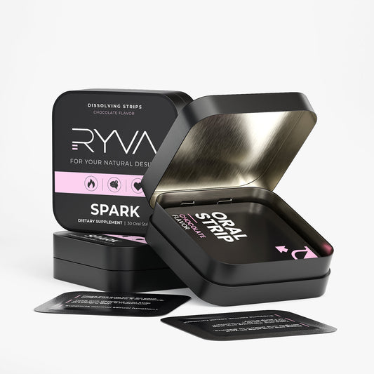 Black container with 'RYVA' branding and oral strips on a white background