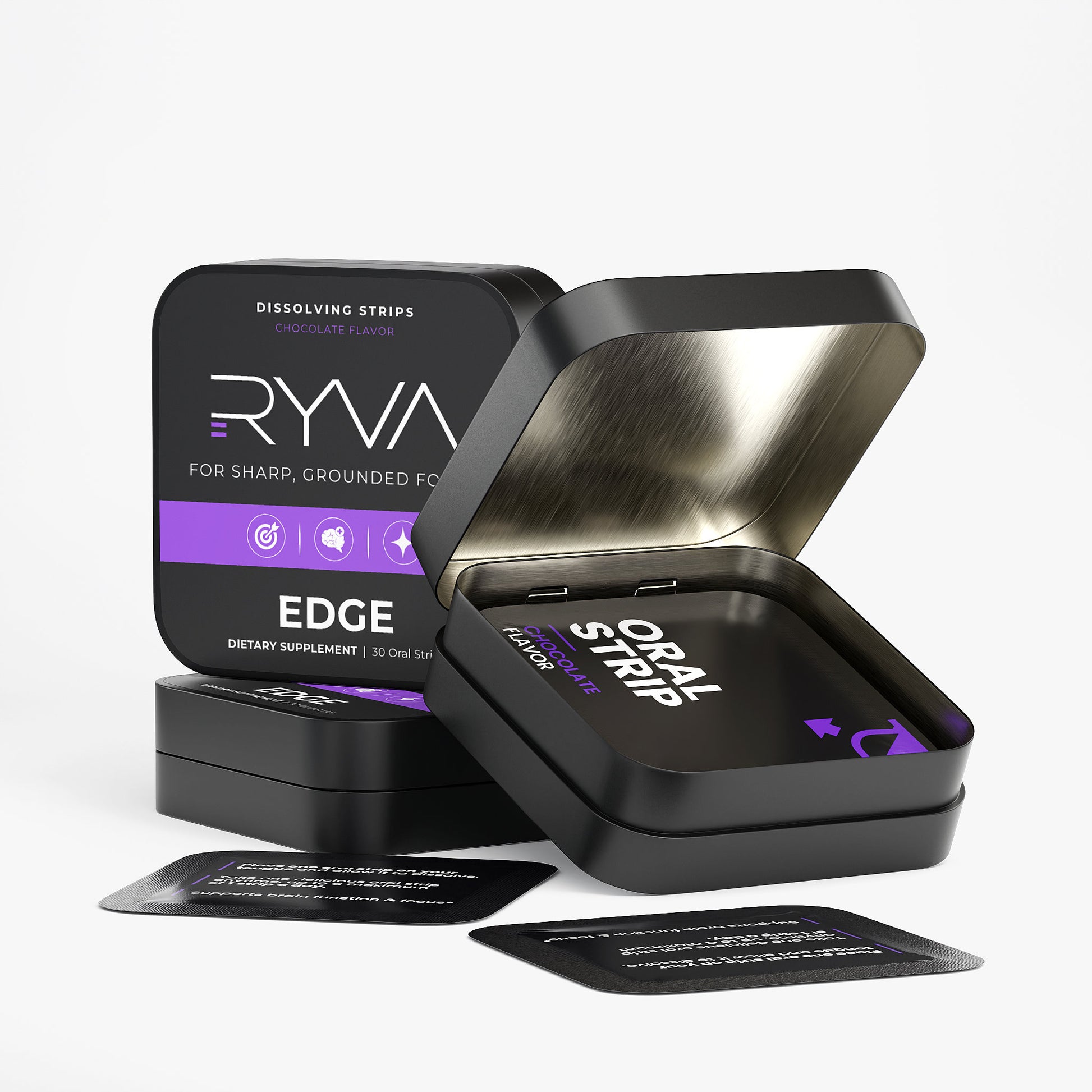 Black container with oral strips and Ryva packaging on a white background
