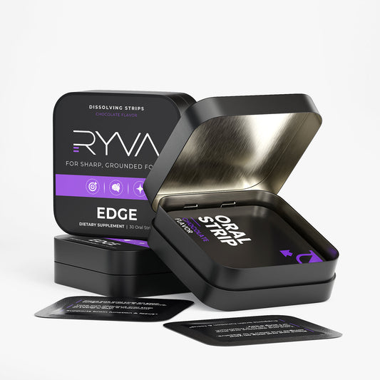 Black container with oral strips and Ryva packaging on a white background