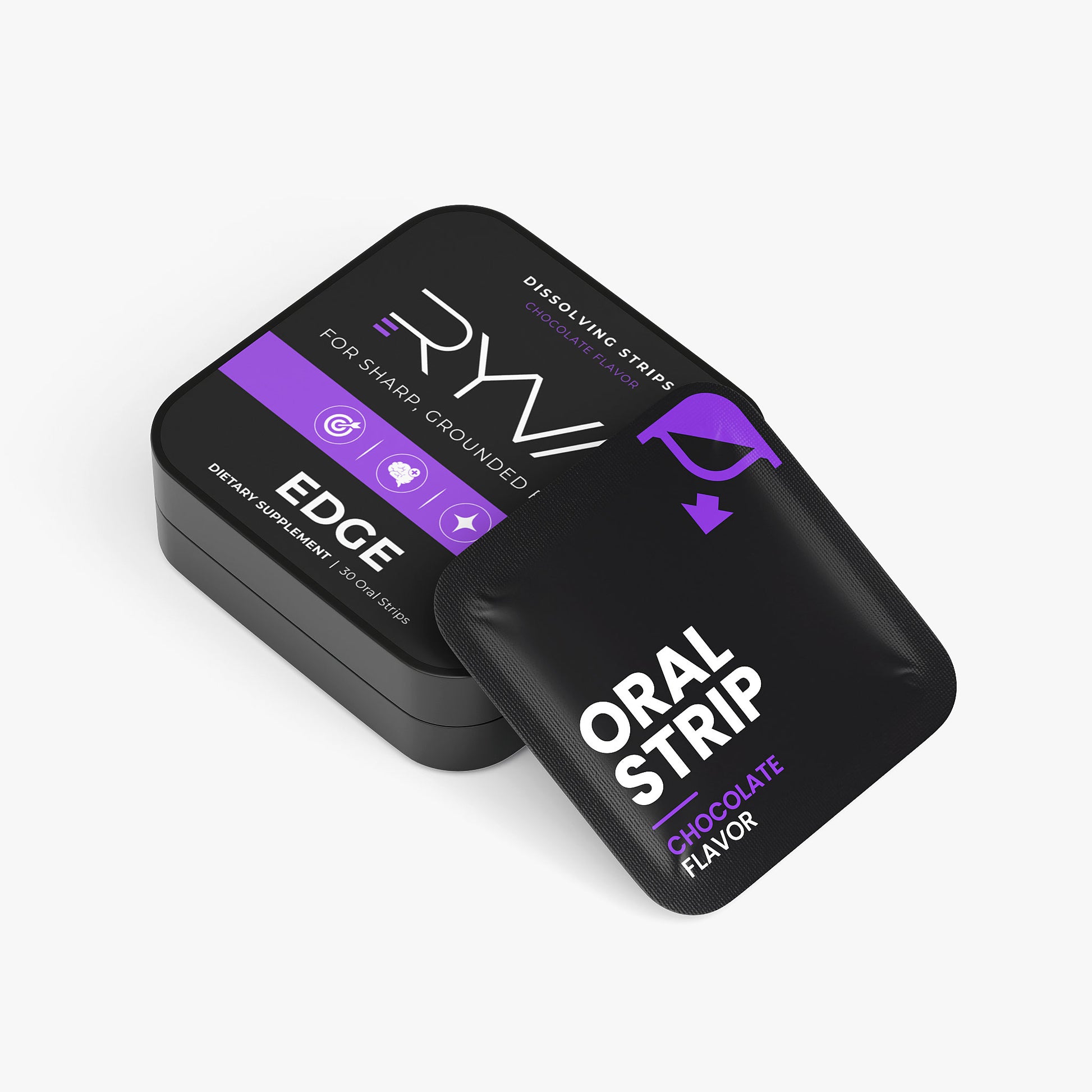 Black container with purple and white text on a white background