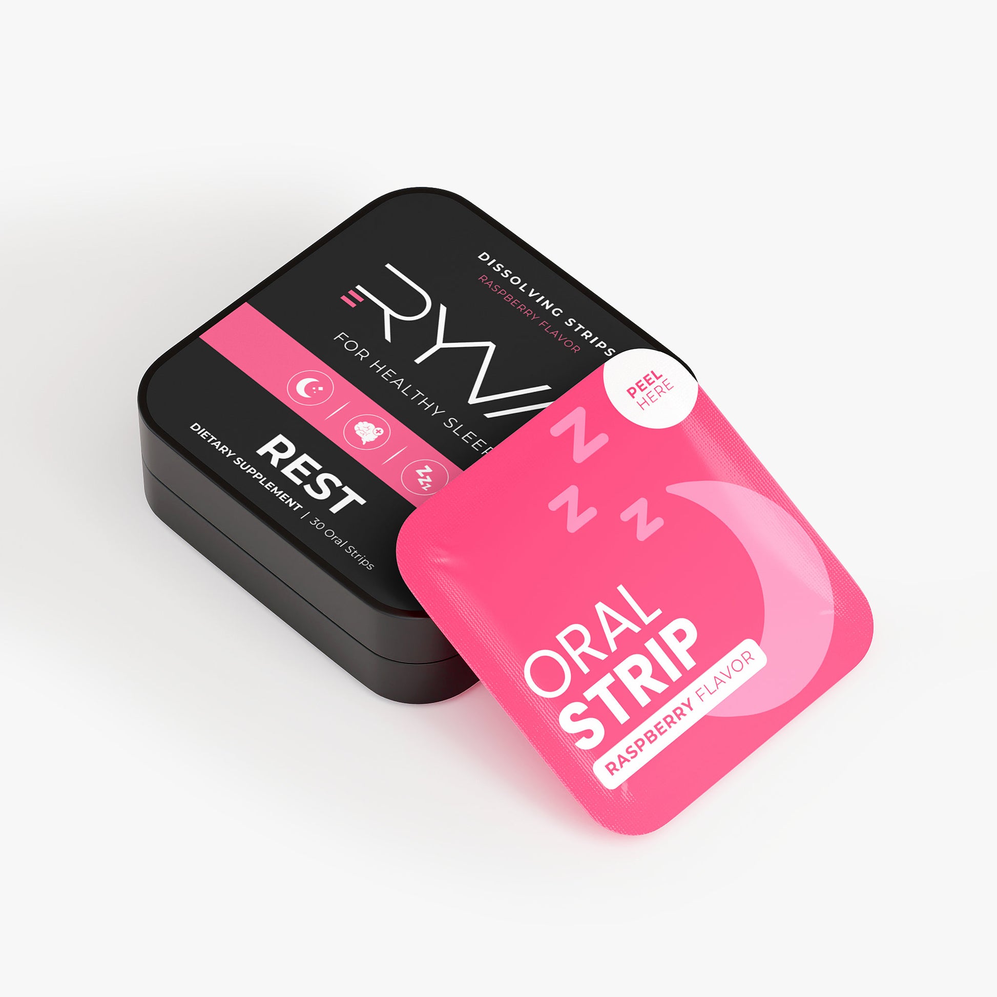 Pink and black packaging of RYW oral strips on a white background