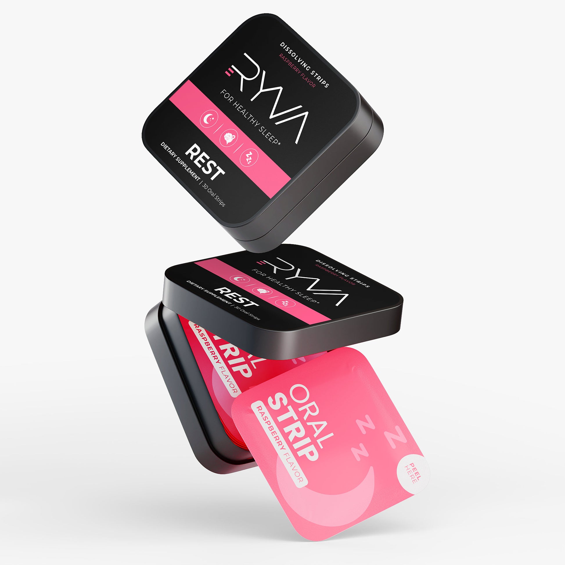 Two black containers with pink labels featuring the brand 'RVA' on a white background.