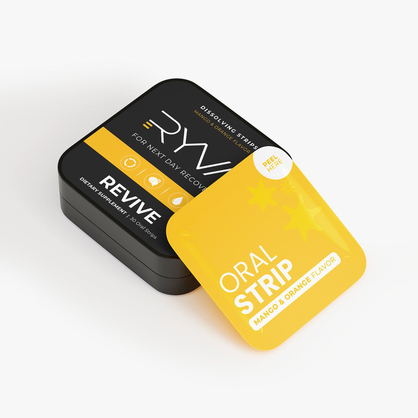 Yellow and black packaging of RYW Oral Strips on a white background