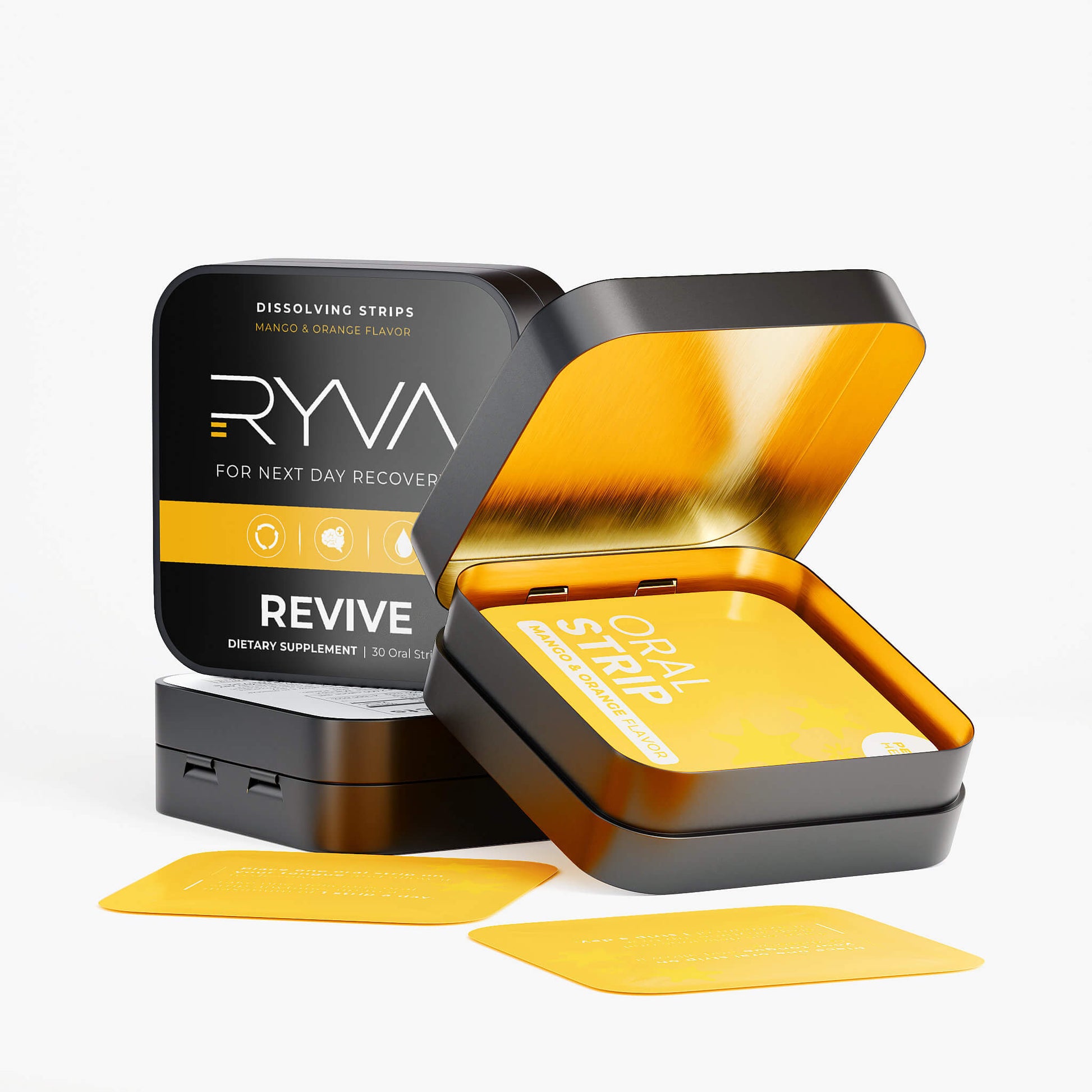 Open tin containing Ryva Revive oral strips on a white background