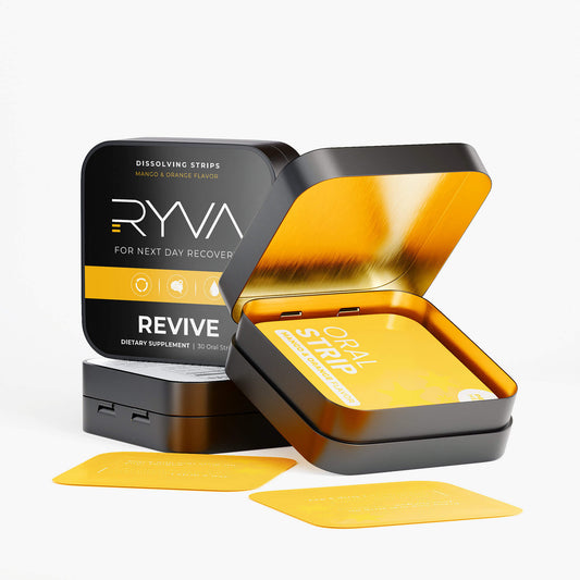 Open tin containing Ryva Revive oral strips on a white background