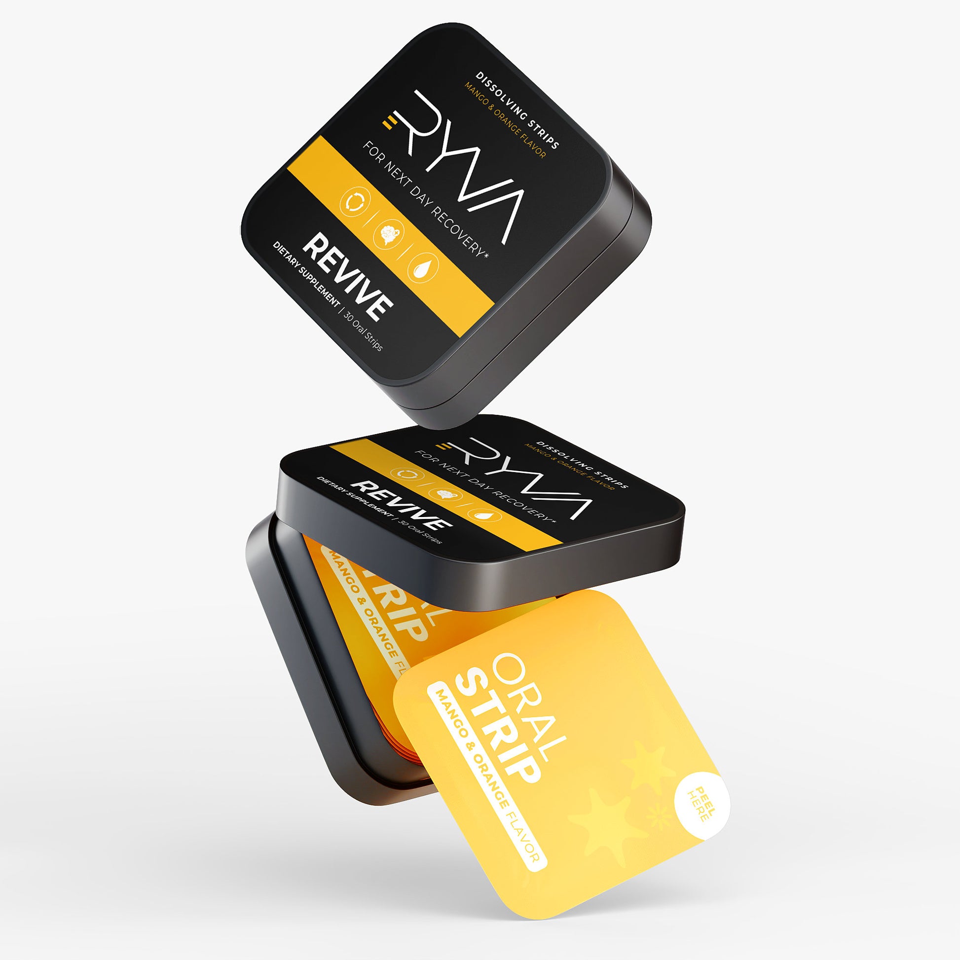 DYNA oral strip packaging with yellow and black design on a white background