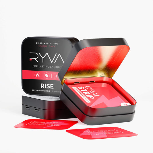 Ryva oral strip packaging with red strips on a white background