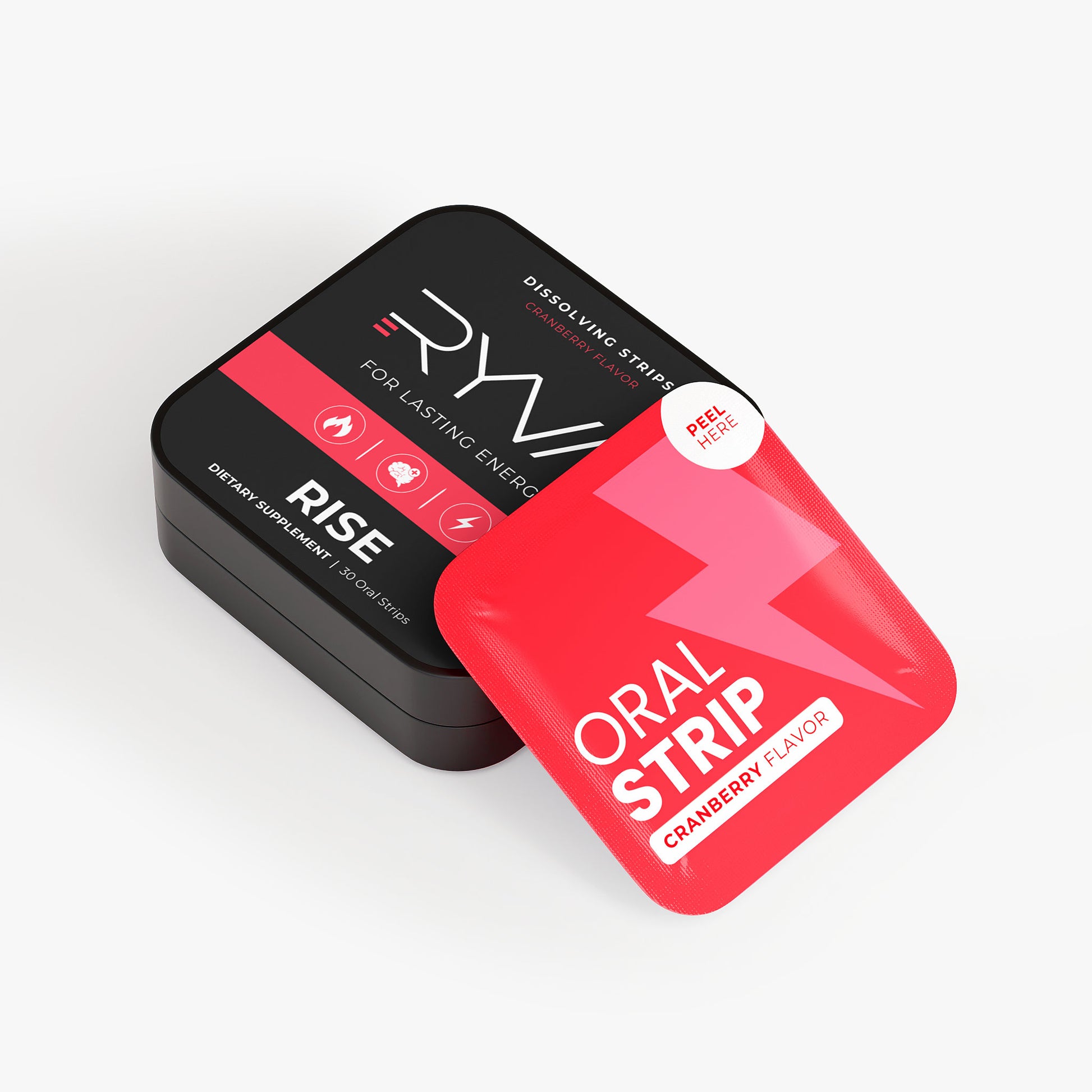 Oral strip packaging with 'RYW' branding on a white background