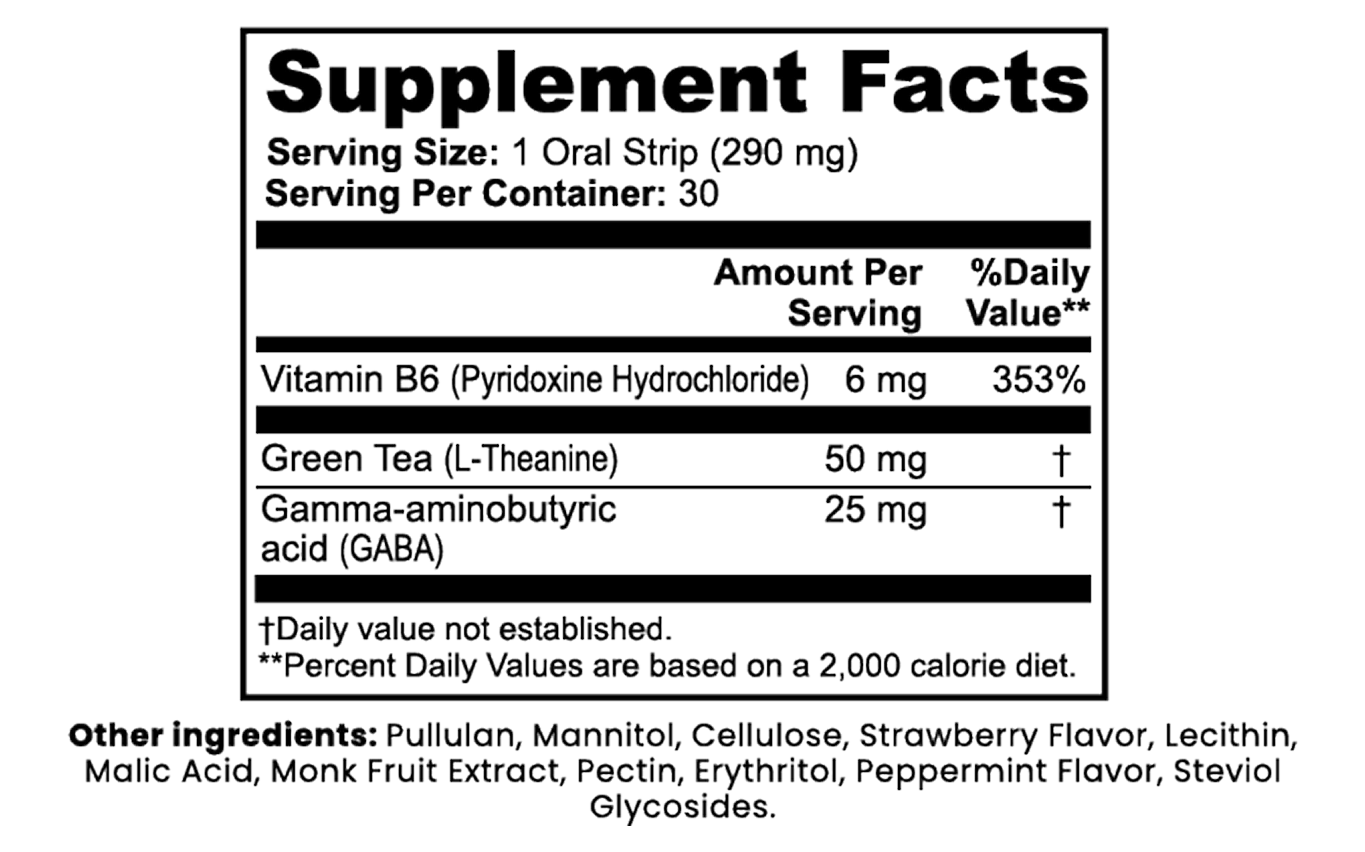 Supplement facts label with vitamins and their amounts on a white background