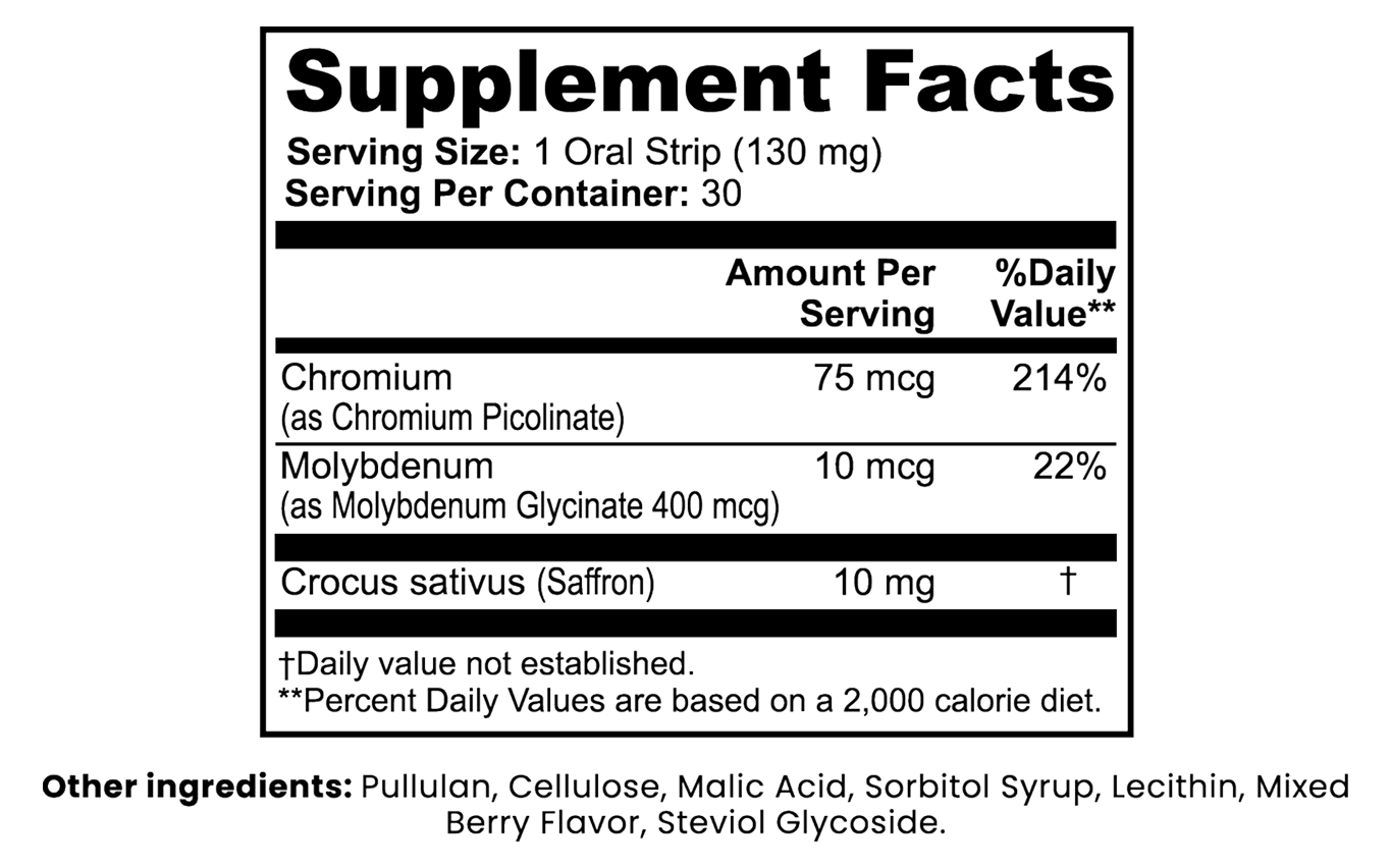 Supplement facts label with nutritional information on a white background