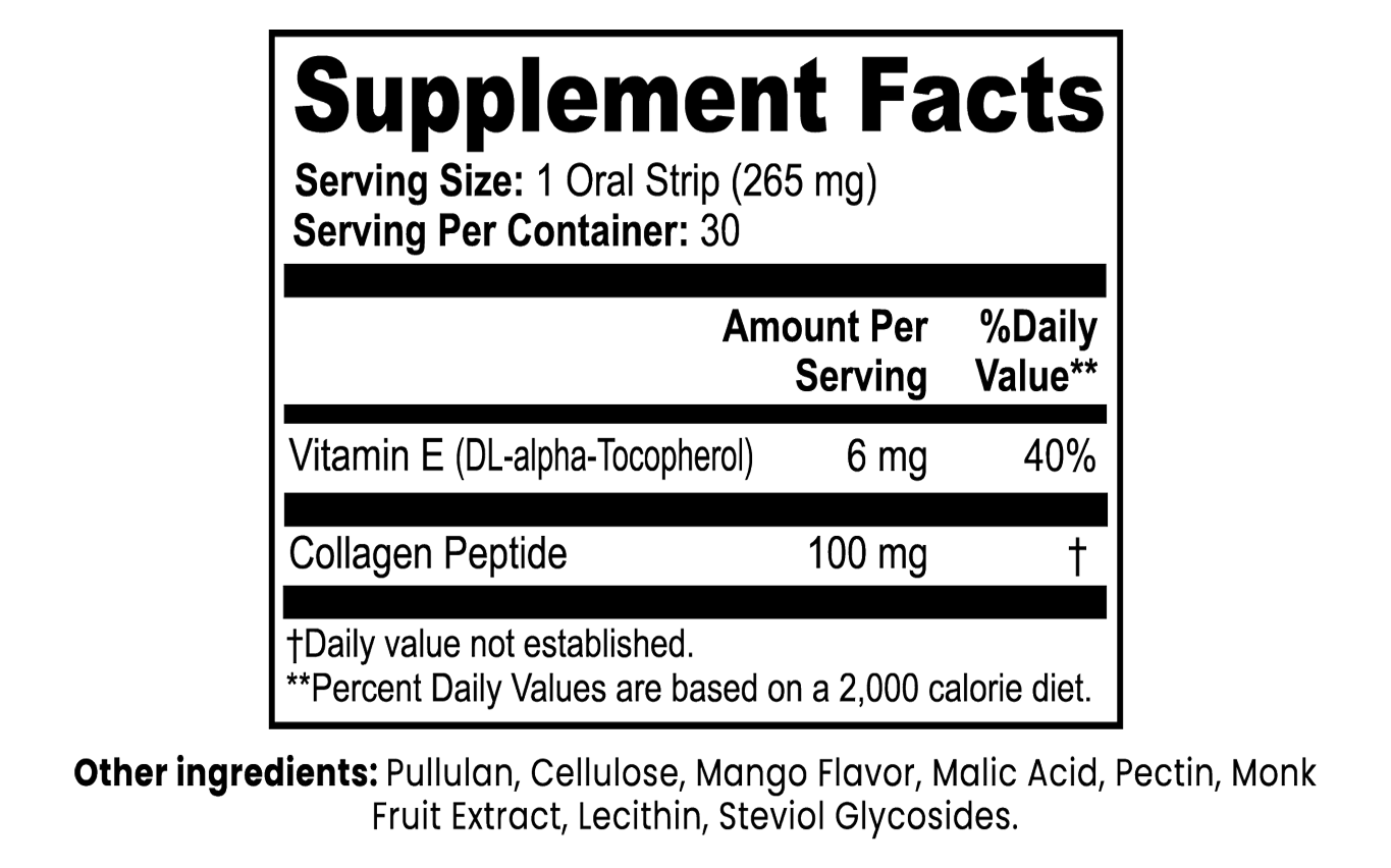 Supplement facts label with vitamin E and collagen peptide content on a white background