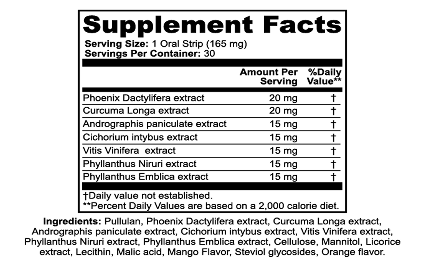 Supplement facts label with extract names and amounts on a white background