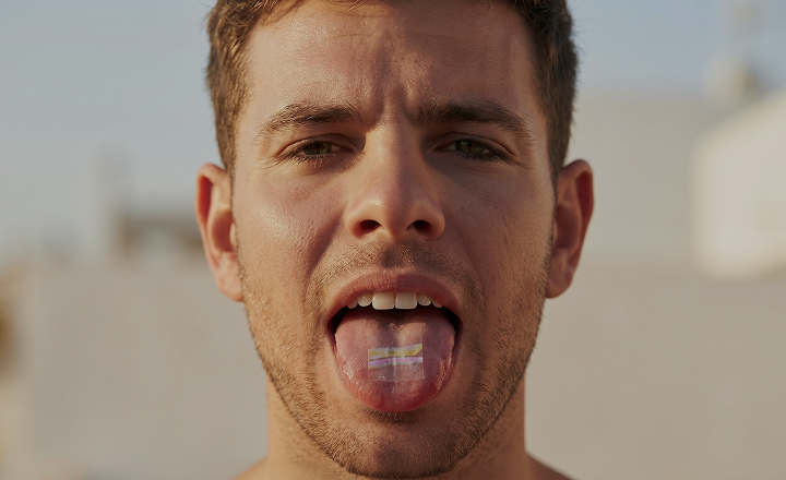Man sticking out his tongue with a blurred background