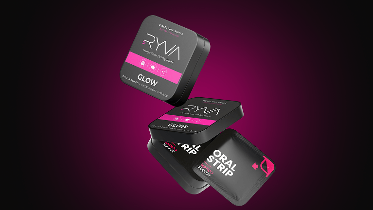 Three packages of Ryva Glow Oral Strips on a purple gradient background