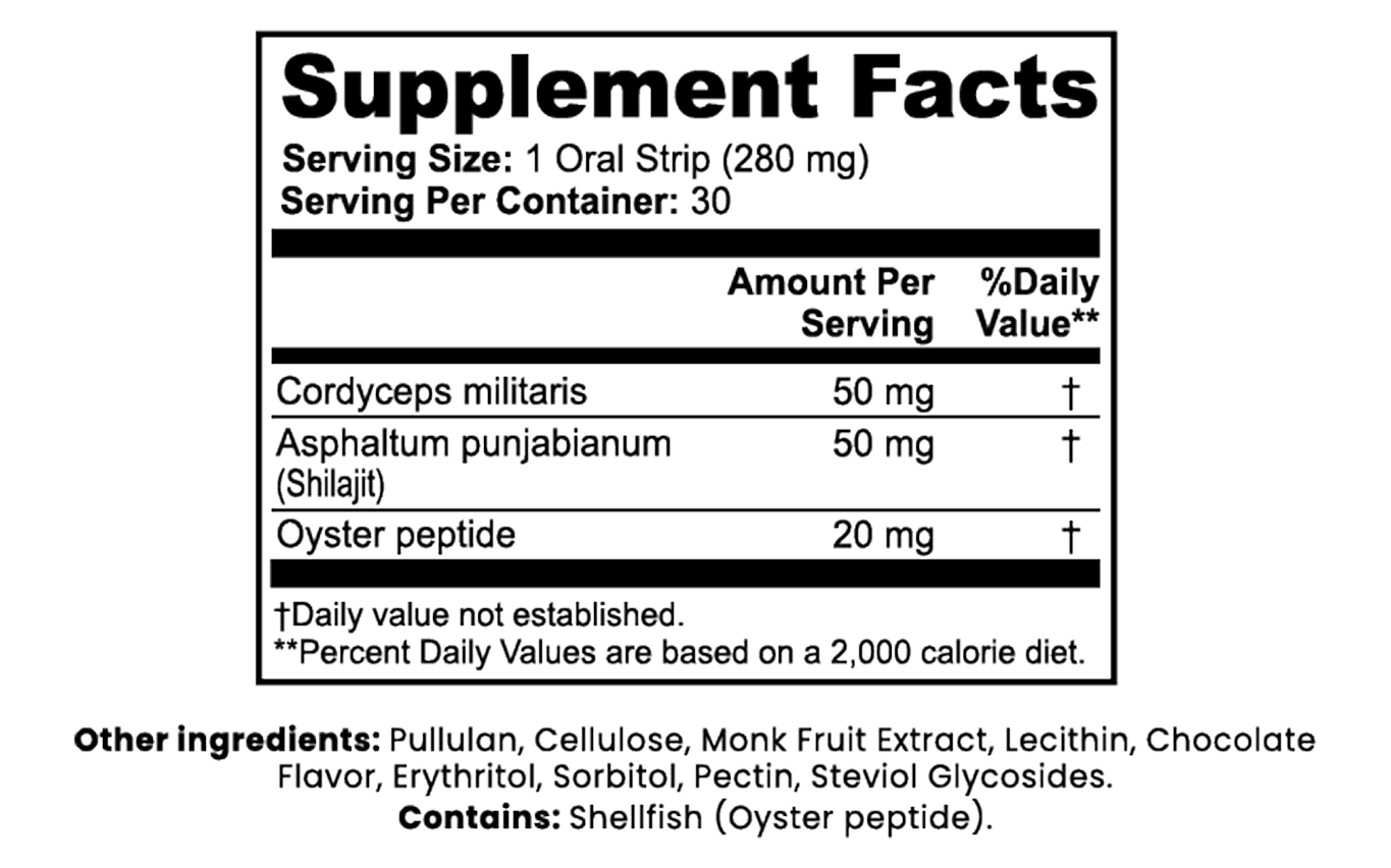 Supplement facts label with ingredients and serving information on a white background