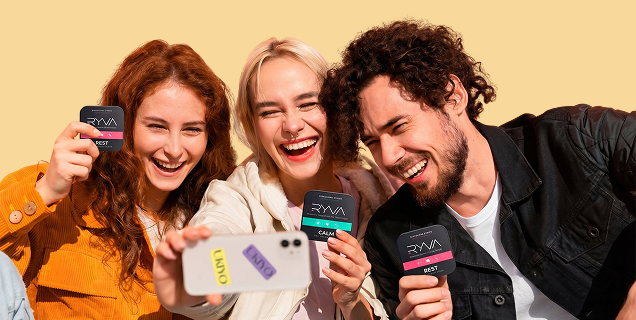 Three people holding up various devices with 'RVA' branding against a yellow background