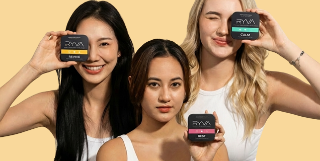Three women holding Ryva skincare products against a yellow background