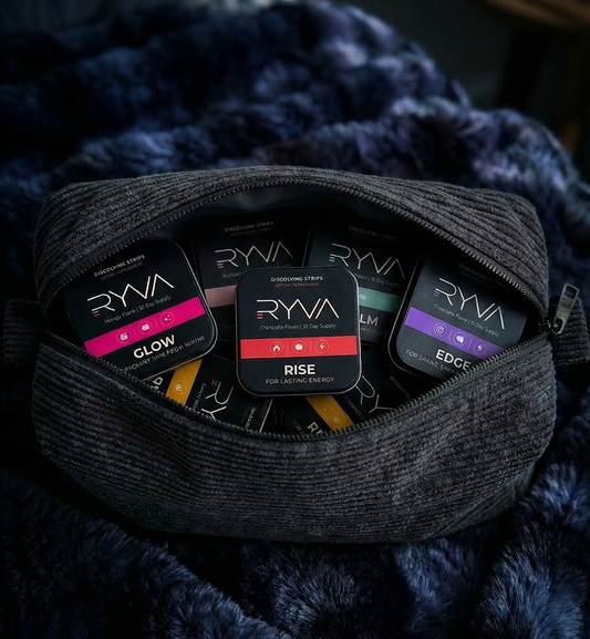 RYVA product packaging with 'Rise' label on a textured blue background