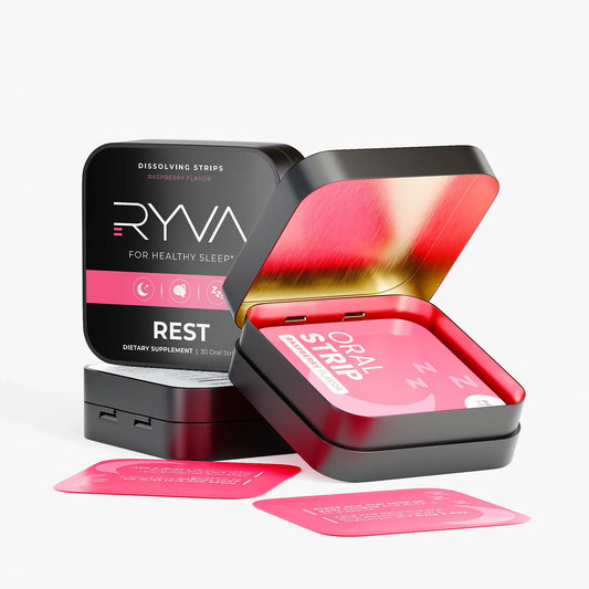 Ryva oral strip packaging with pink strips on a white background
