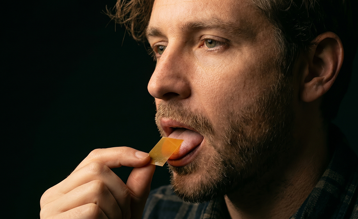 Man eating a piece of fruit against a dark background