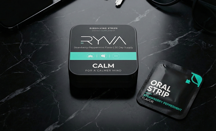 RYVA Calm oral strip packaging on a dark marble surface